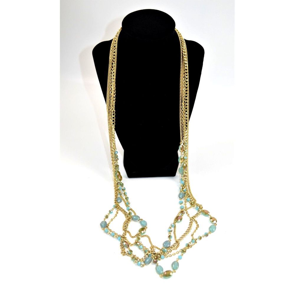 VTG Premier Designs Multi Strand‎ Necklace Gold Tone Iridescent Blue Stones 36"